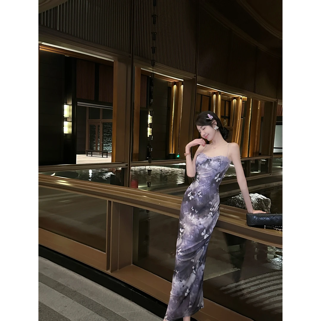 【宠粉专场】紫杉木 紫色蝴蝶蕾丝弹力吊带连衣裙DYYK-23121583