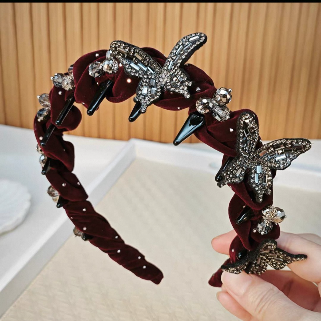 新款秋冬轻奢气质蝴蝶串珠发箍丝绒满天星发卡洋气高颅顶头箍4078