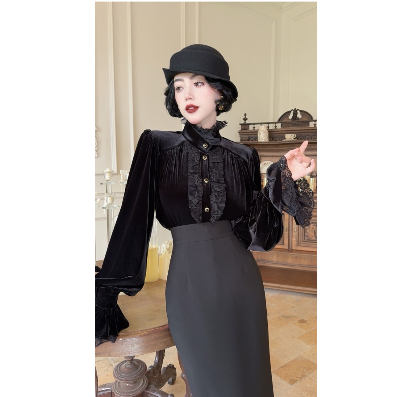 LYXJ【哥特萝暮色】秋季蕾丝拼接衬衫10777