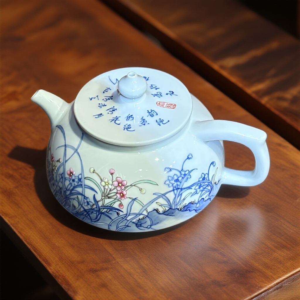 兰花水仙青花斗彩茶壶