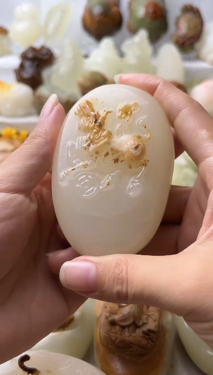 石材方解石手把摆件打孔穿绳不退换牛