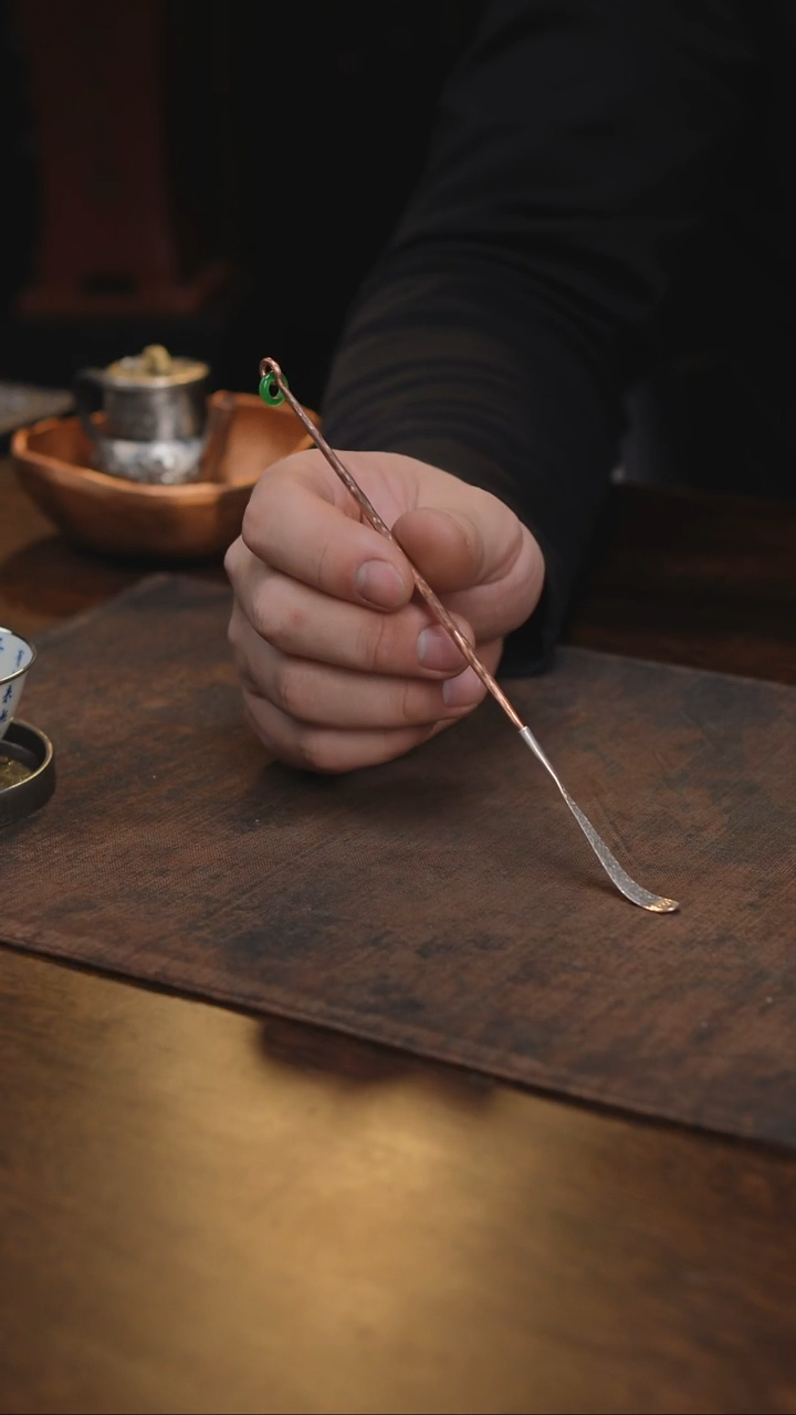 足银头铜柄全手玉环茶拨