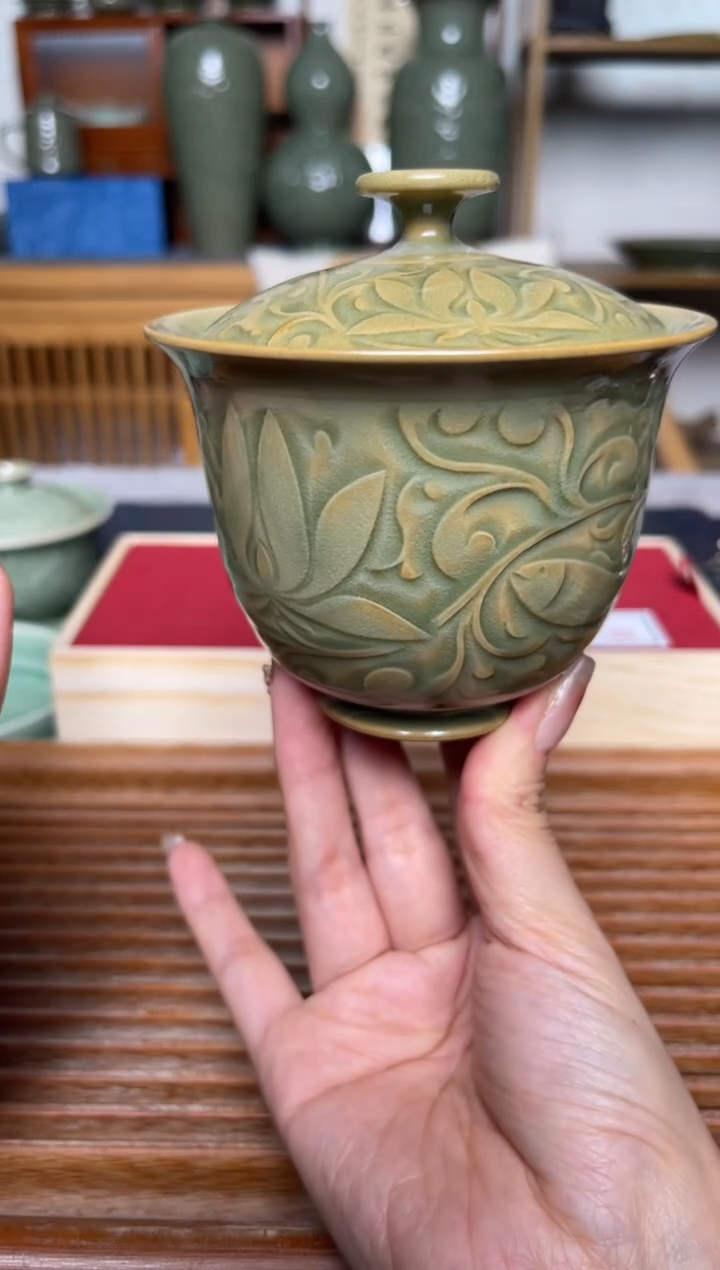 【闪购商品】其他144吴琼 纯手工橄榄绿两才盖碗 微瑕