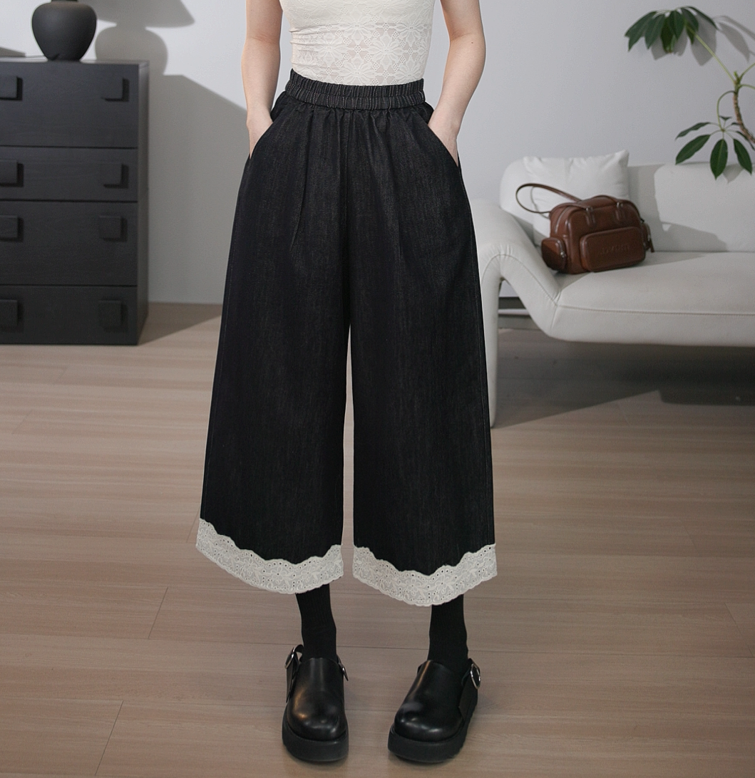 【兜兜家】森系文艺复古拼接蕾丝八分牛仔裤