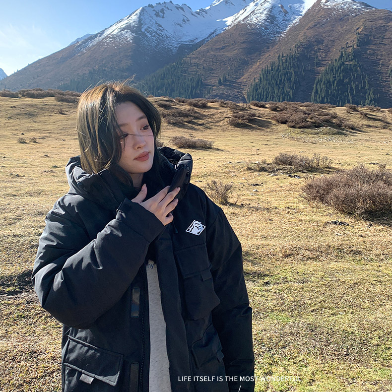 桃可乐90白鸭绒工装羽绒服2025新款中长款派克服户外加厚外套冬季