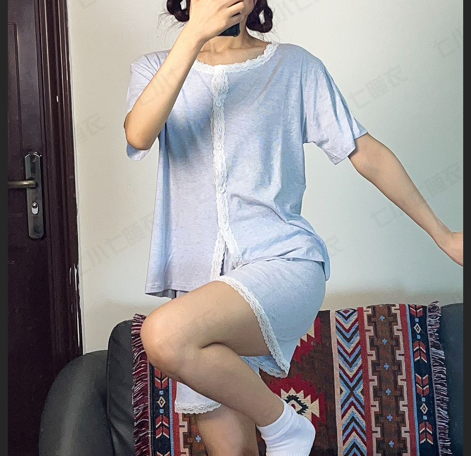 夏季蓝色螺纹彩棉短袖开衫女睡衣家居服两件套甜美可爱舒适安心