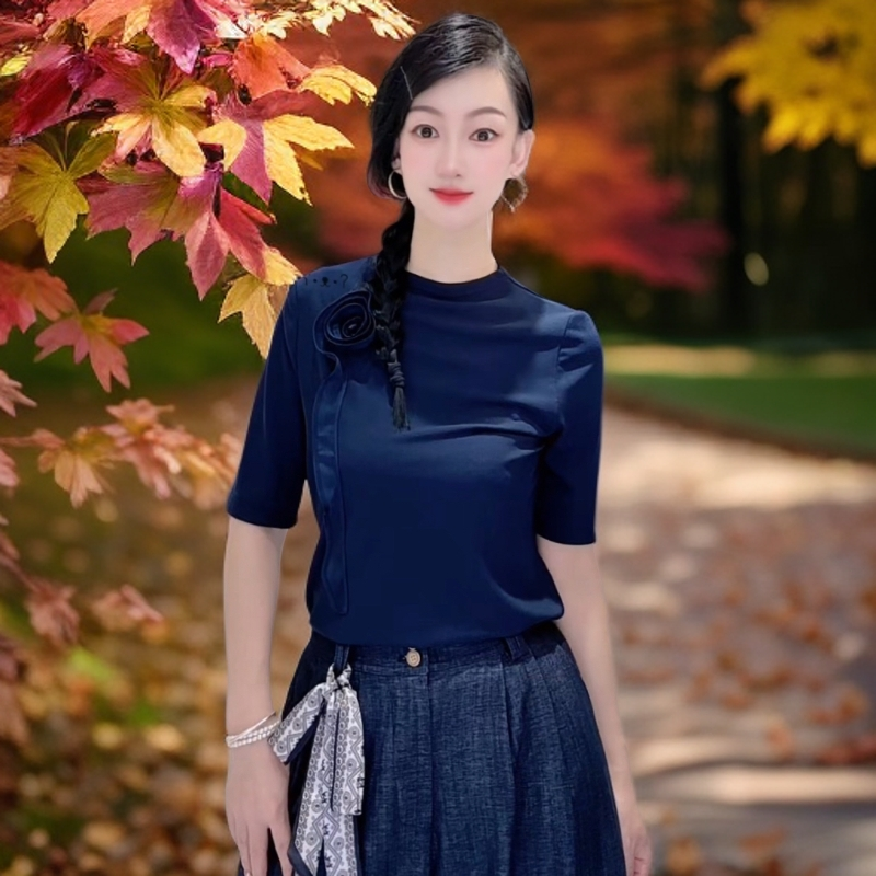 秋季女装时尚气质修身盘花中袖针织小衫上衣