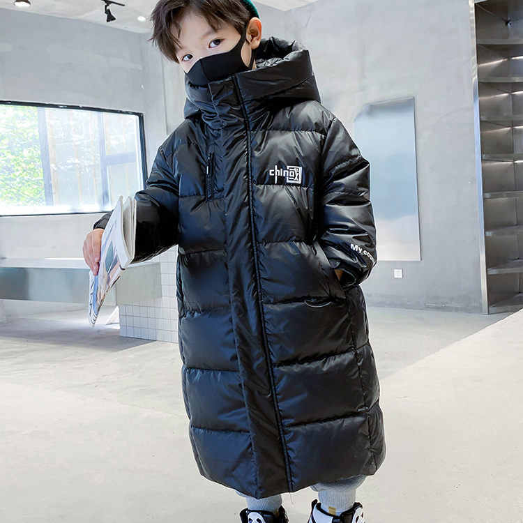 男大童冬季新款连帽单色经典黑色长款潮流炸街羽绒服K234YRF3703