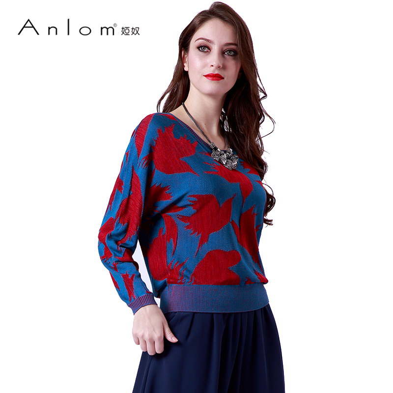 Anlom/娅奴秋冬桑蚕丝针织衫女上衣套头低圆领喇叭袖印花打底衫