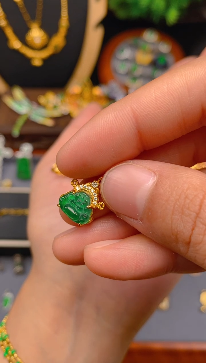 【闪购商品】翡翠吊坠(不含链)银S925镶嵌金色财神佛公