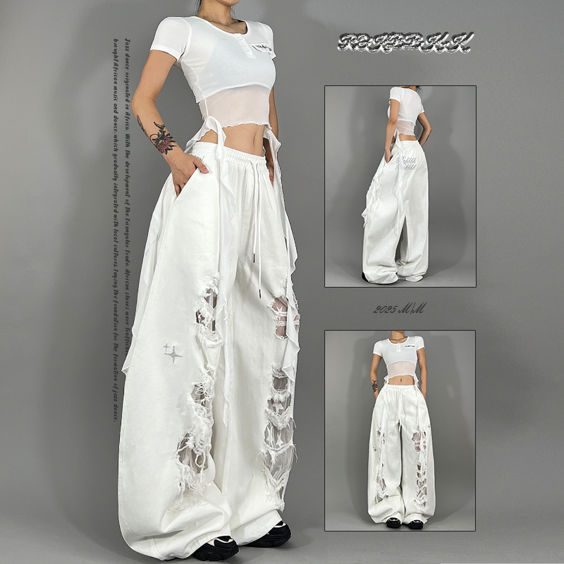 ROKBBK-K布韩街舞潮牌美式复古蕾丝拼接破洞设计感直筒宽松阔腿裤