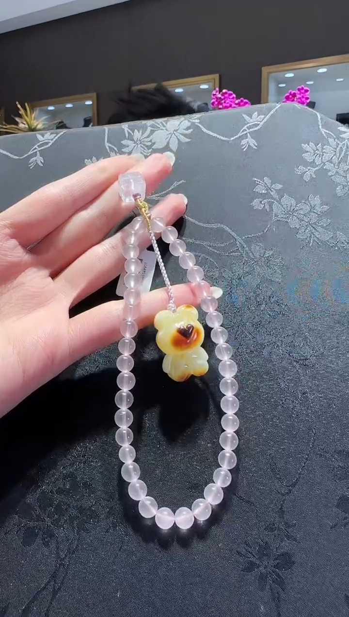 【闪购商品】水晶手机链未镶嵌粉晶蜜蜡小熊手机链