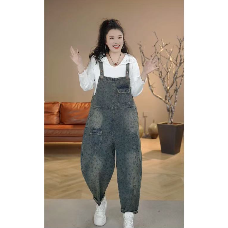 呱唧【5615-6】春款复古牛仔休闲宽松哈伦背带裤