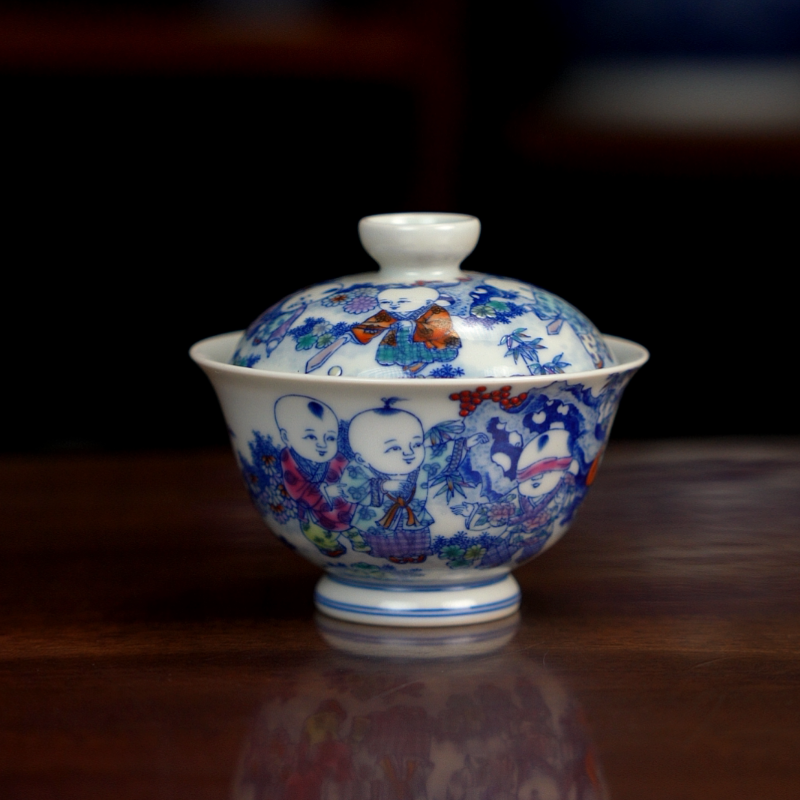 空山明月新斗彩九子盖碗精致家用茶器婴戏图两才泡茶碗元宝器型