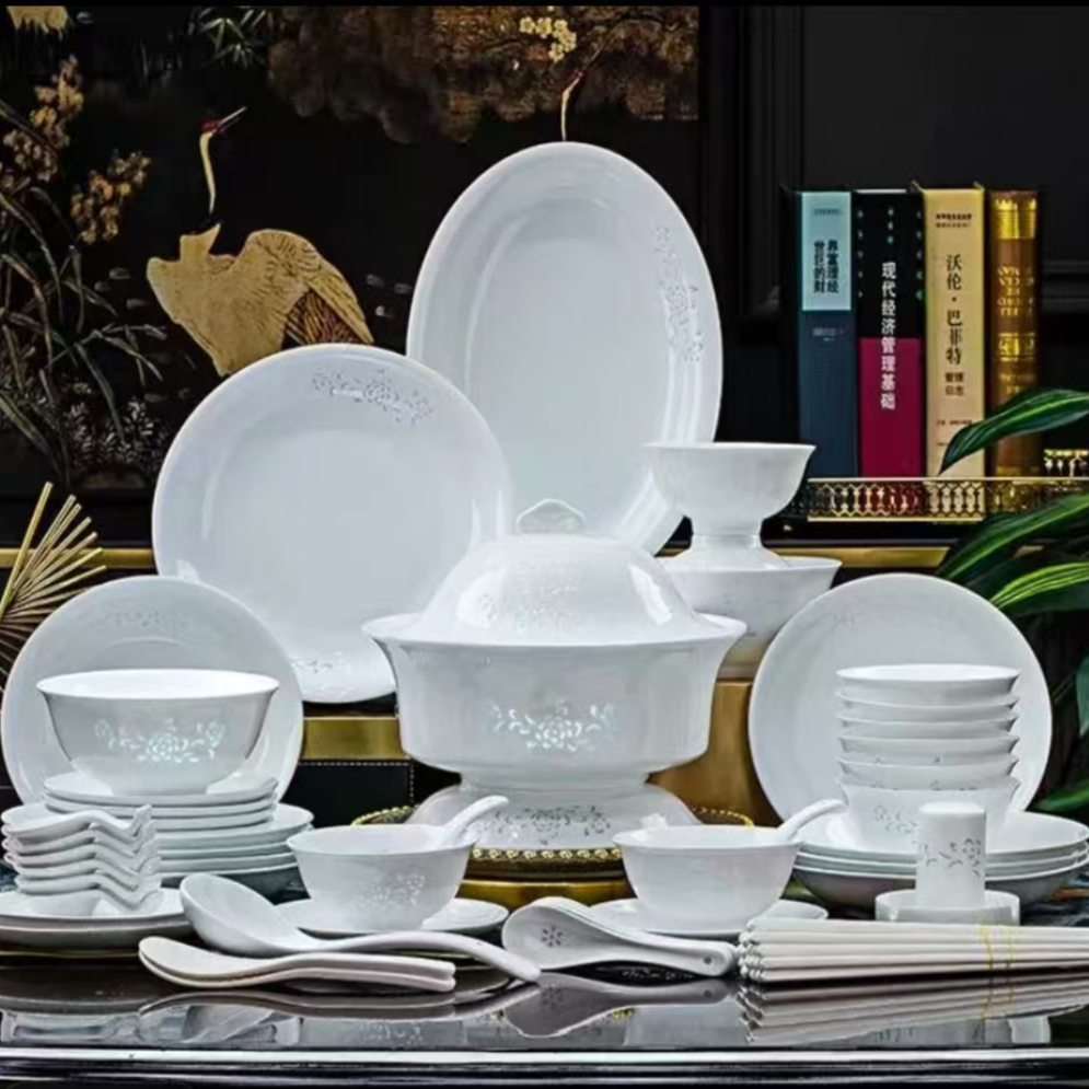 景德镇纯白花弄影58头8人位高白瓷碗盘餐具正宗景德镇餐送人送礼