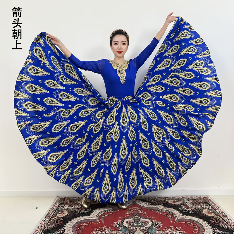 艾德莱斯绉花丝蓝底黄羽满铺花半身裙/720大摆/带内衬
