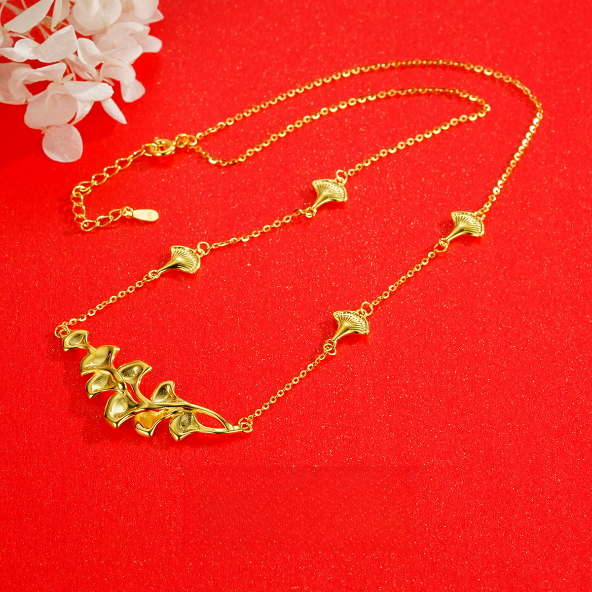 九乐 坠链均925银 925金色多层银杏叶项链