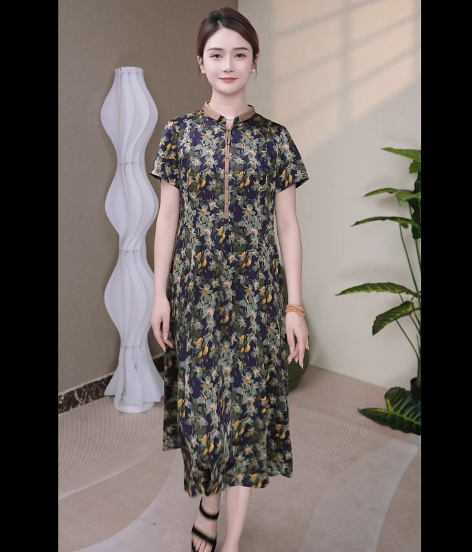 宽松型立领常规中长款中老年女装洋气显瘦古风碎花夏季