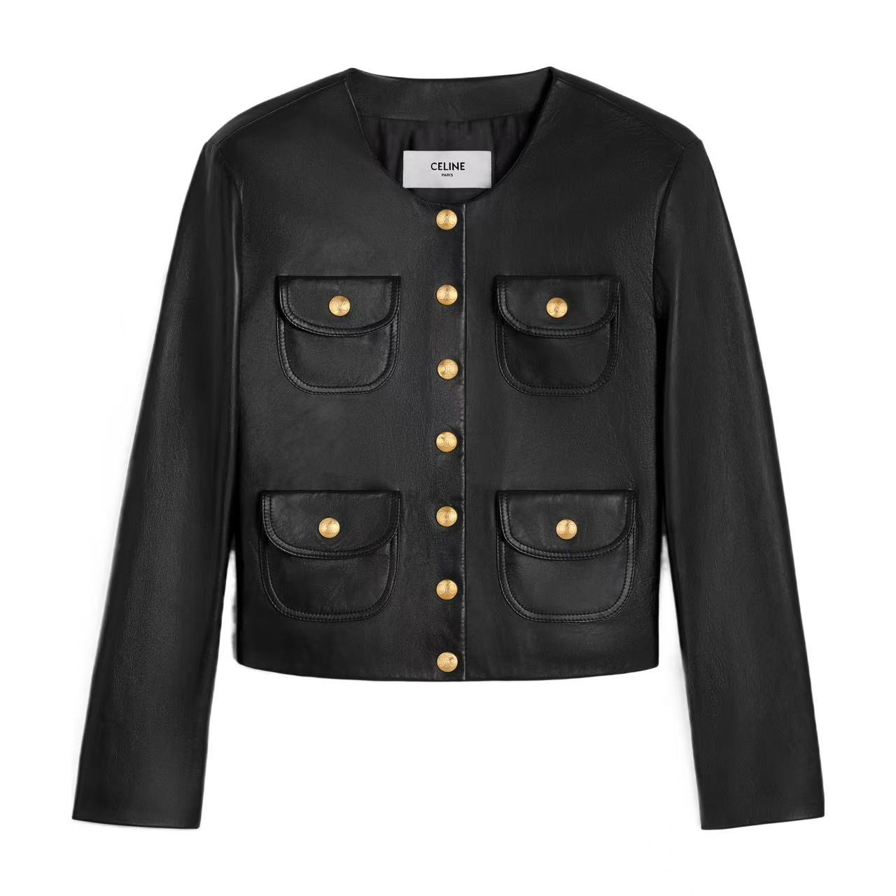 未使用 Celine/思琳 纯色单排扣翻盖口袋长袖短款皮衣