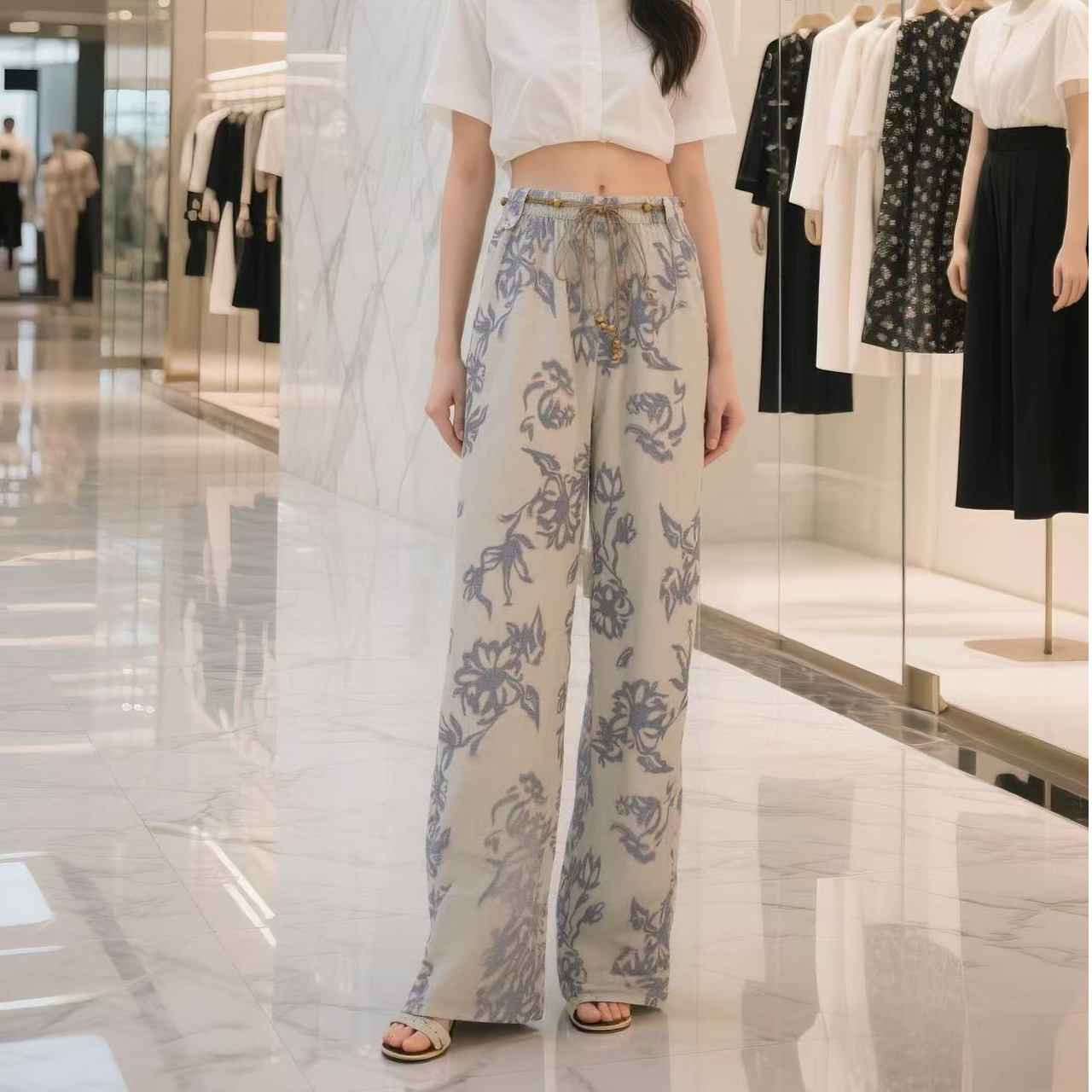 【运费补贴】-虞墨亚麻印花新款高腰宽松显瘦垂感直筒休闲长裤3312