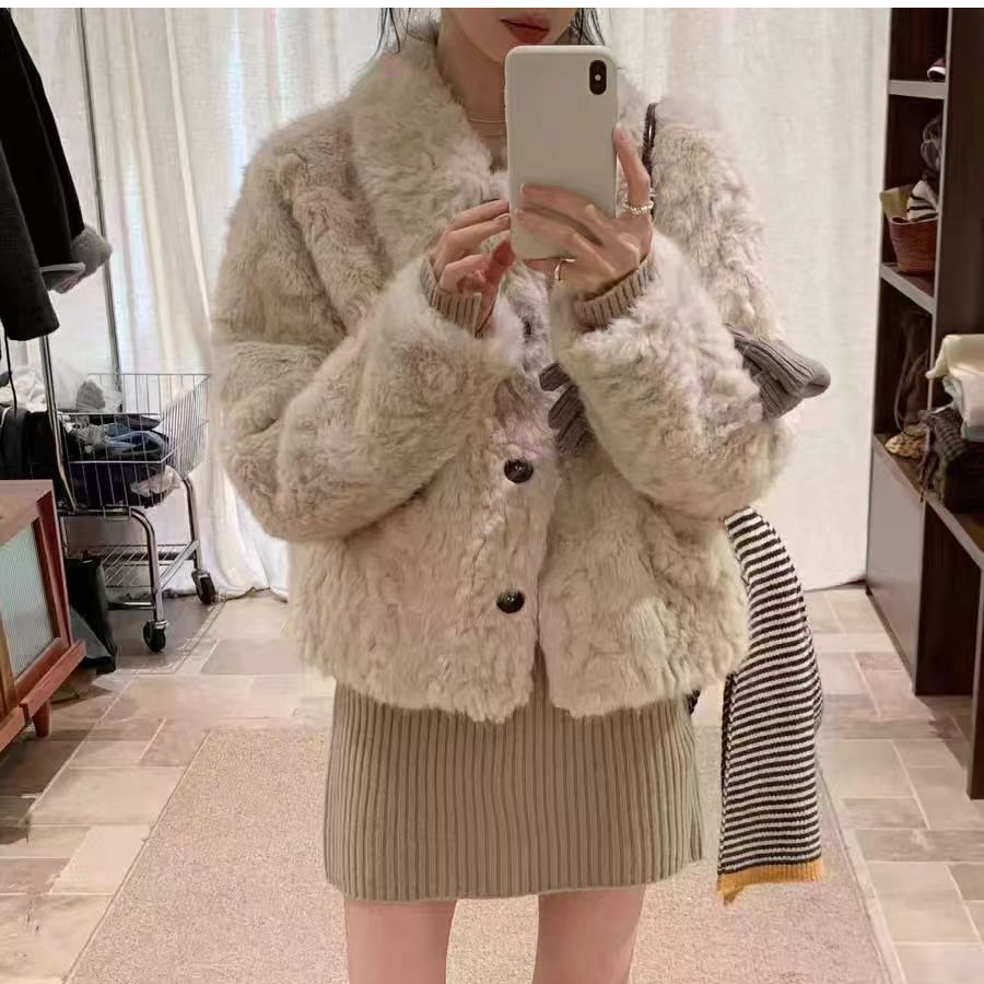 【FANFAN】韩系翻领环保皮草短款外套冬季气质软糯毛毛上衣