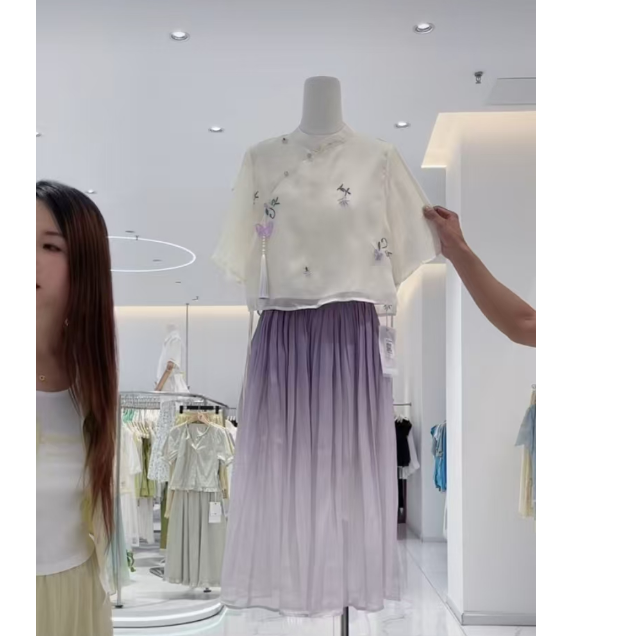 2025夏新中式国风刺绣衬衫渐变色半身裙女套装HJ-1758