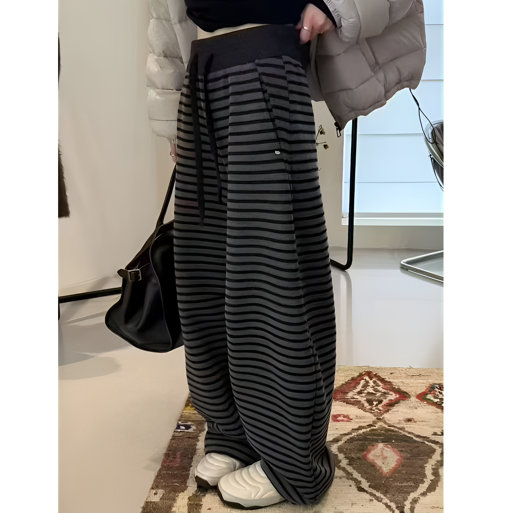 欧货条纹加绒直筒阔腿裤女2025秋冬新款高腰宽松显瘦拖地裤长裤潮