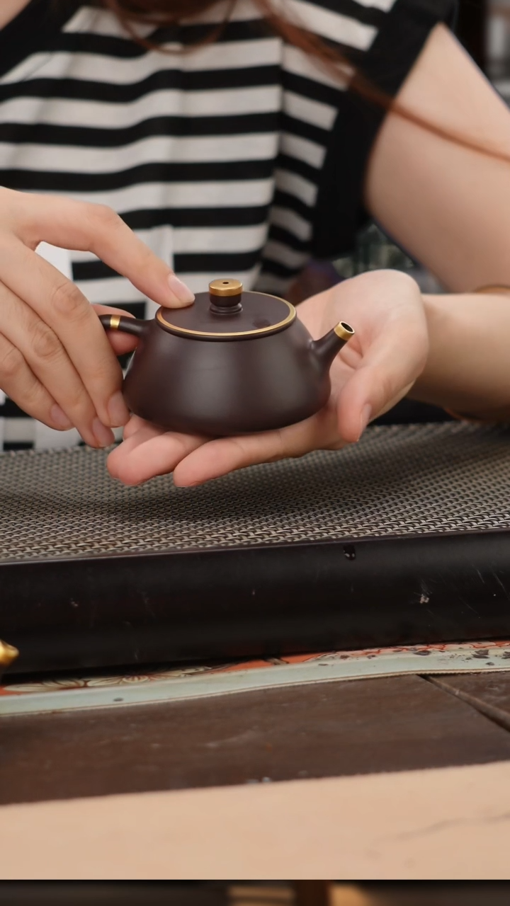 茶壶紫砂四号井茄皮紫泥描金平盖石瓢120cc