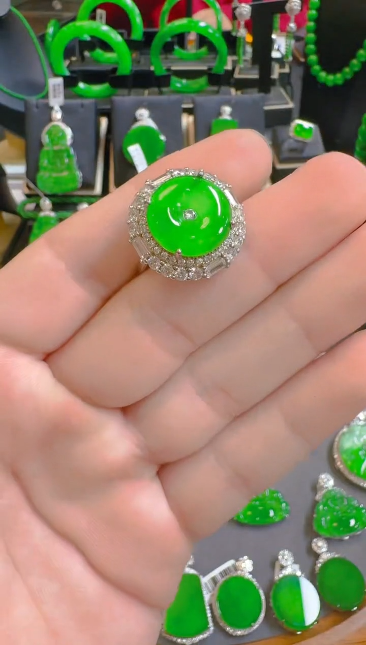 银S925镶嵌戒指翡翠天然A货翡翠
