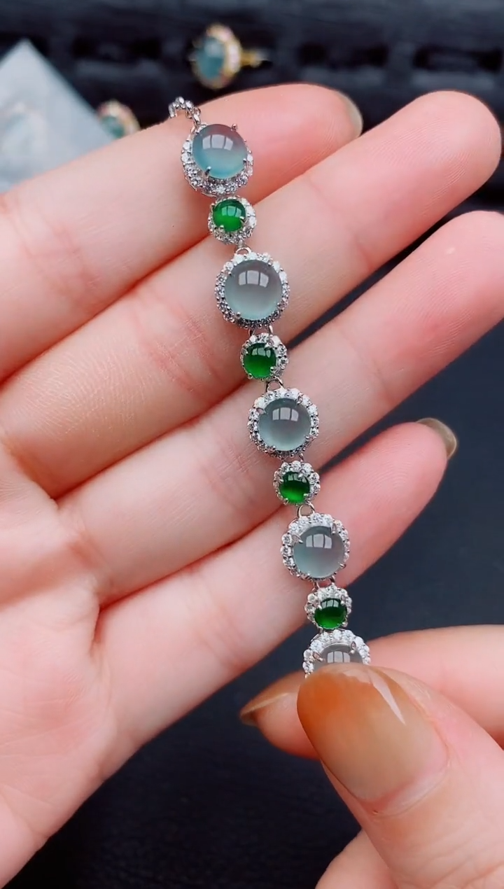 【闪购商品】翡翠手链银S925镶嵌天然a货翡翠392