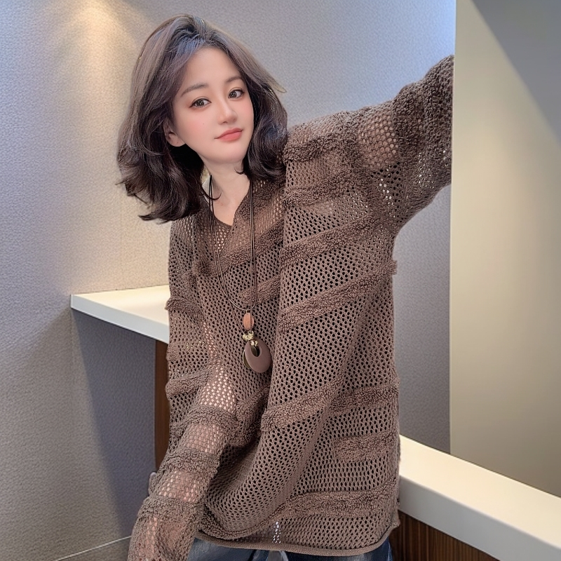 《清版》新款时尚镂空宽松秋季圆领针织慵懒风上衣2552