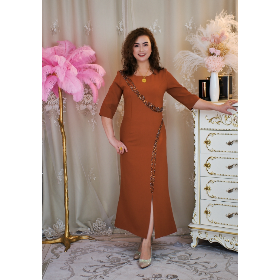 【何玲大码女装高订】（5-3）120手工钉珠气质新款连衣裙