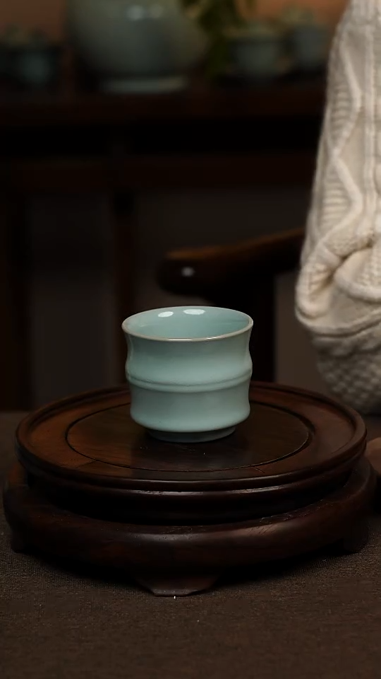 瓷片天青色全手工竹节杯100ml微瑕不带礼盒