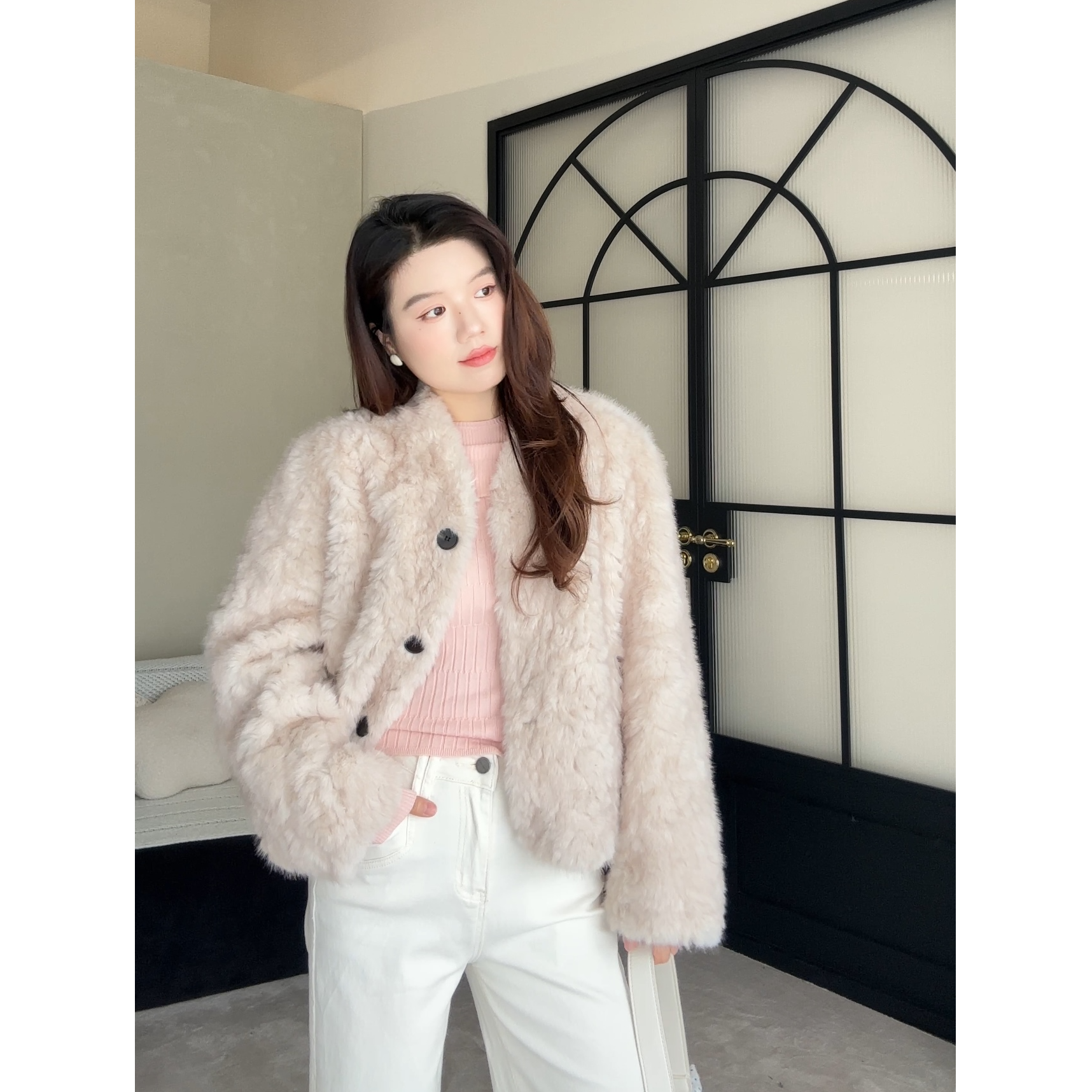 米米子“燕麦奶霜”定制皮毛一体毛毛静奢风短外套秋冬上衣加厚女装