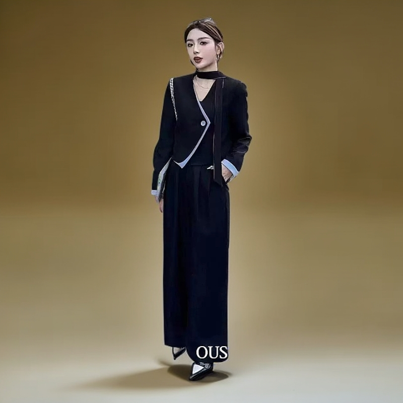 春季简约百搭轻奢风时尚气质休闲套装显瘦上衣裤装黑色长袖女装
