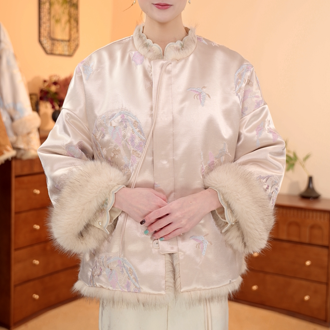 月缎绯绣｜新中式国风加绒加厚水貂毛刺绣双面穿外套-6425