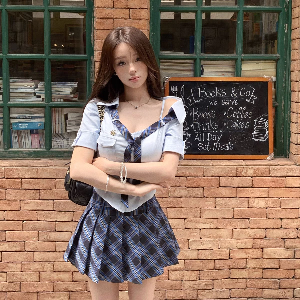 绯闻学姐~ 斜肩可调节格纹领带衬衫格子百褶短裙裤半身裙