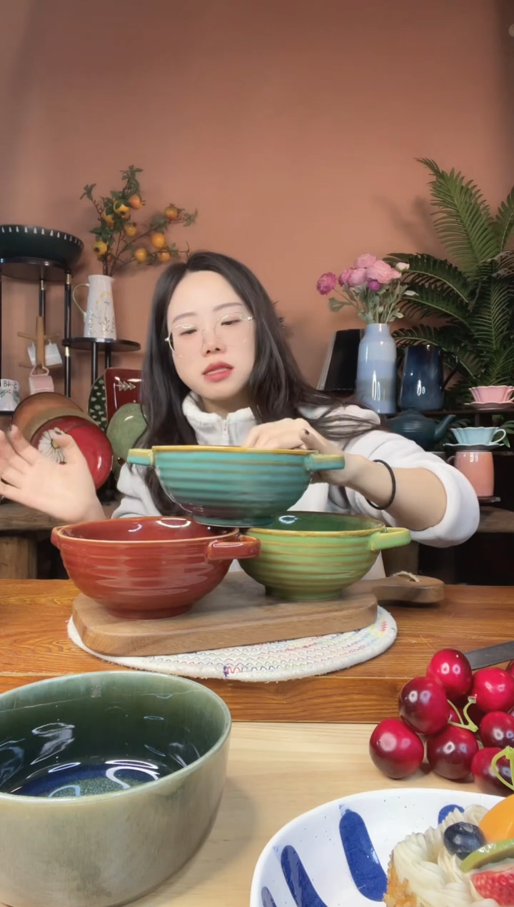 陶瓷6英寸双耳碗 3件 微瑕疵