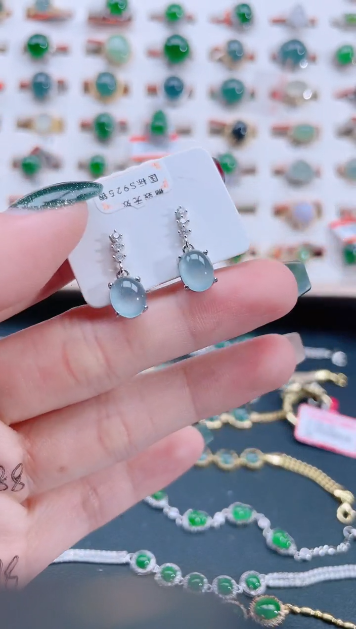 银S925镶嵌翡翠耳饰天然翡翠