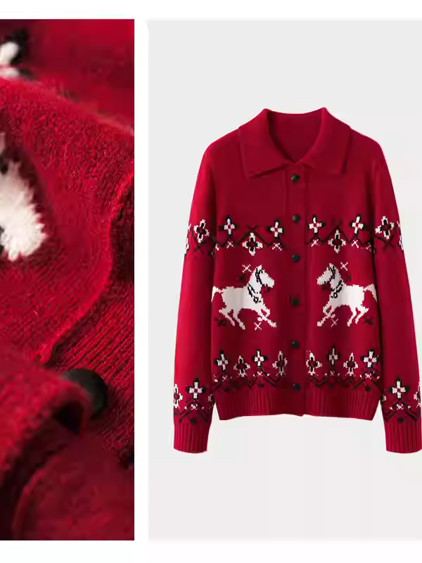 萌萌家/节日氛围康赛妮定制100%山羊绒小马图案提花加厚开衫外套