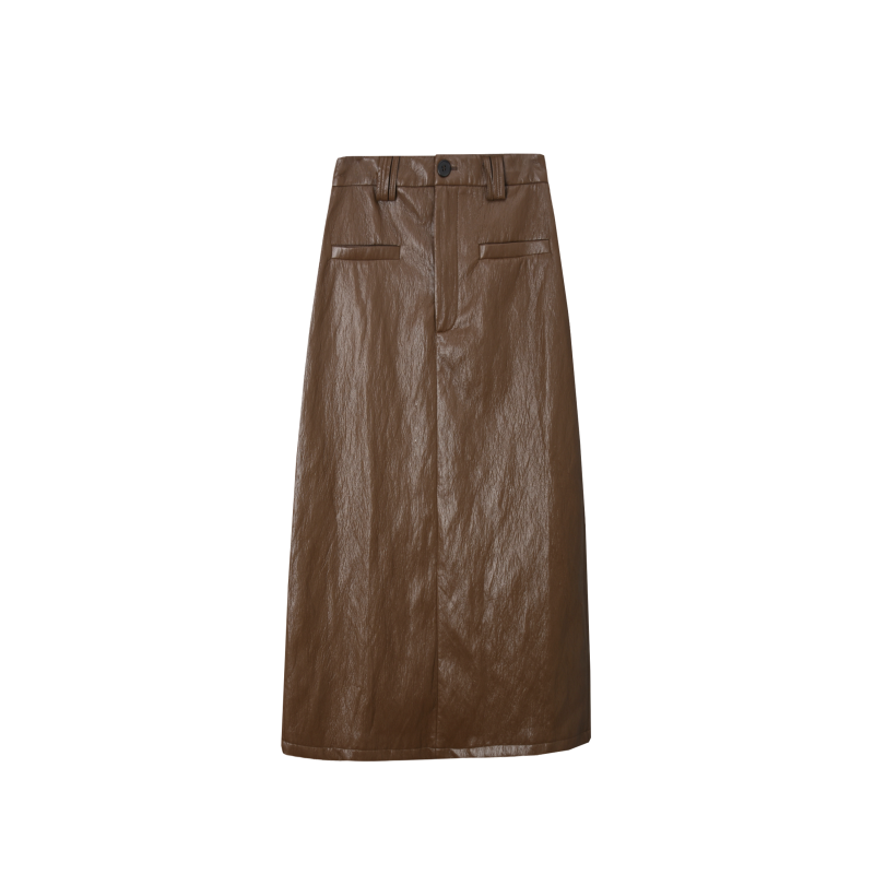 3098【设计师订单】醋酸蛋白皮复古后开衩直筒高腰半身裙