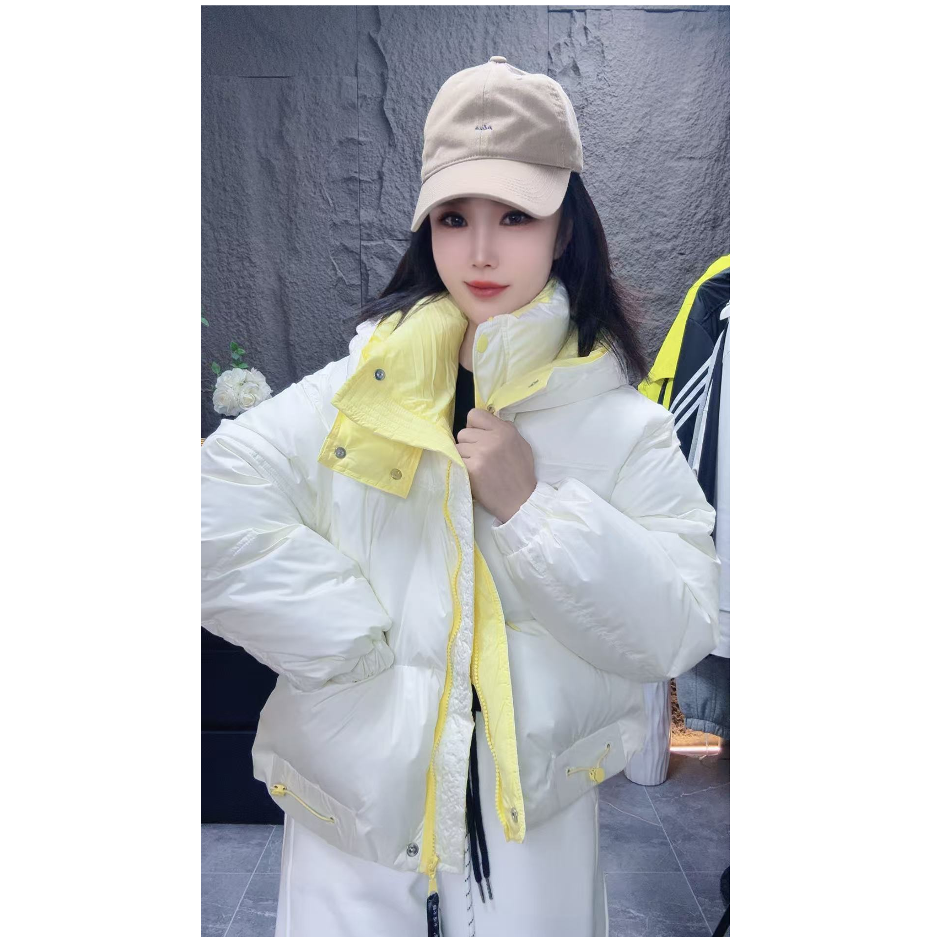 【米雪】冬季新款撞色字母连帽加厚保暖棉服外套933