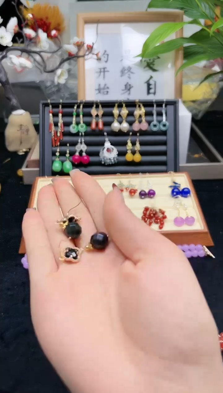 【闪购商品】黑曜岩耳饰银S925镀金镶嵌955552