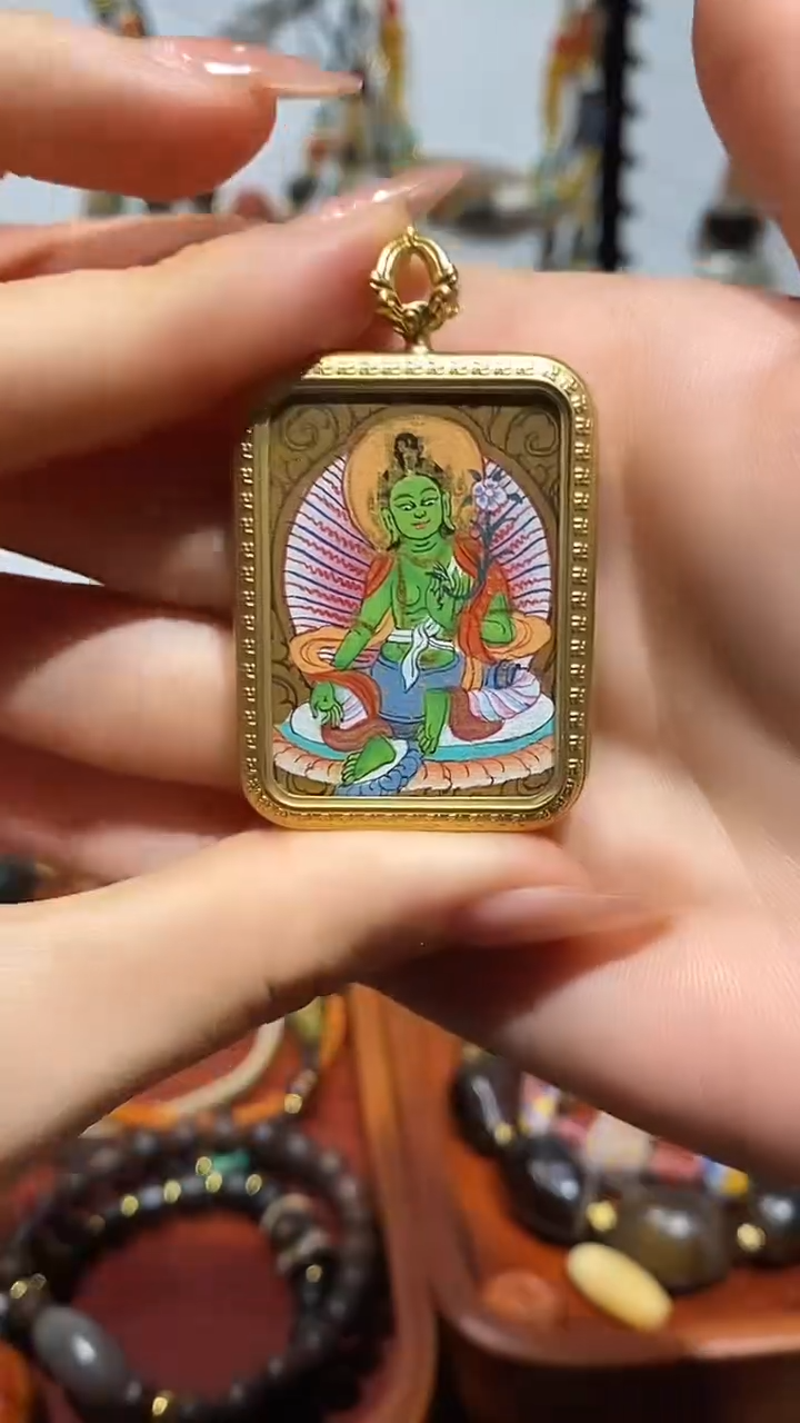 吊坠尼泊尔手绘绿妈妈唐卡可配编绳4*3