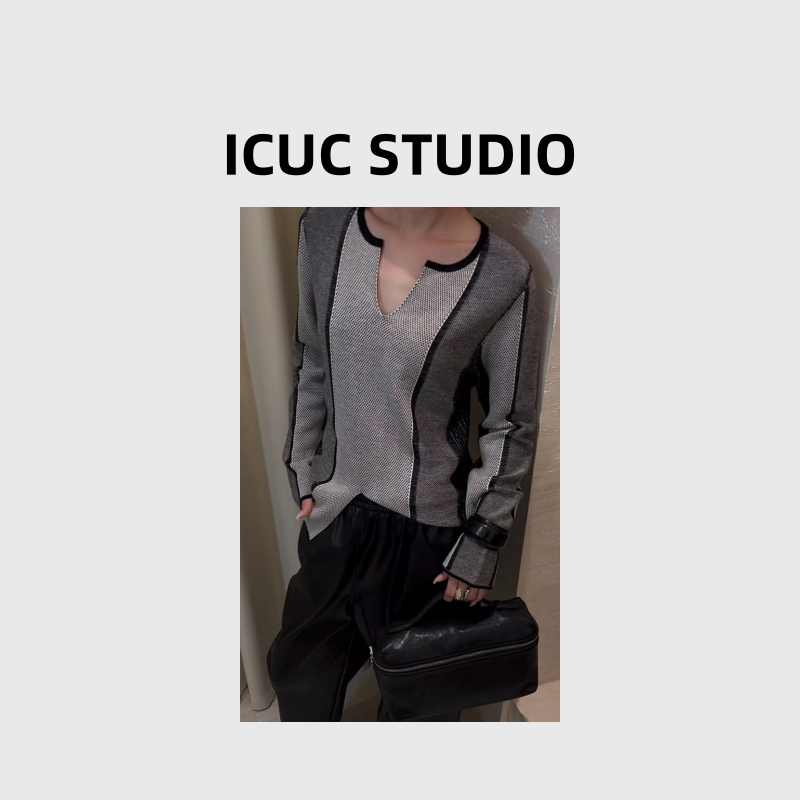 ICUC STUDIO-【琥珀流光撞色】设计感U领长袖羊毛打底衫8136