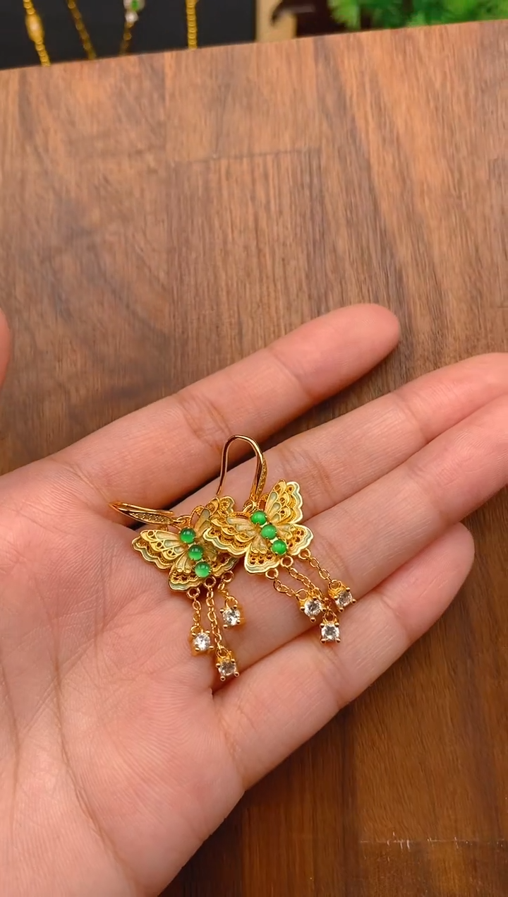 【闪购商品】翡翠耳饰银S925镶嵌蝴蝶耳饰