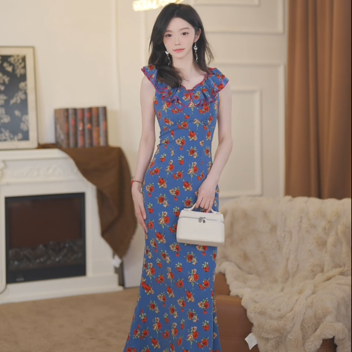 【小也】蓝屿春季新款法式气质高级显瘦鱼尾连衣裙-YL11305