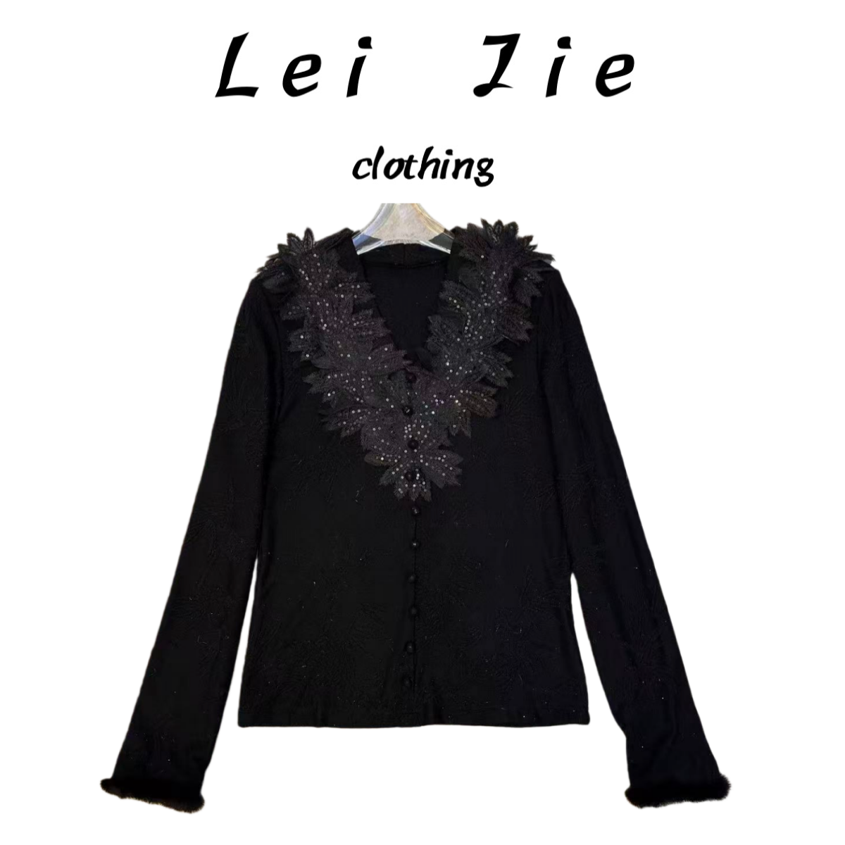 【Lei Jie】提花细闪仙毛袖花片V领上衣4343