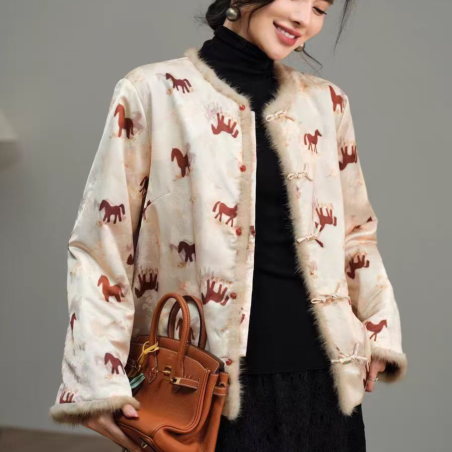 马运金财~新中式冬季双面穿夹棉棉服提花拼接毛毛复古圆领外套626