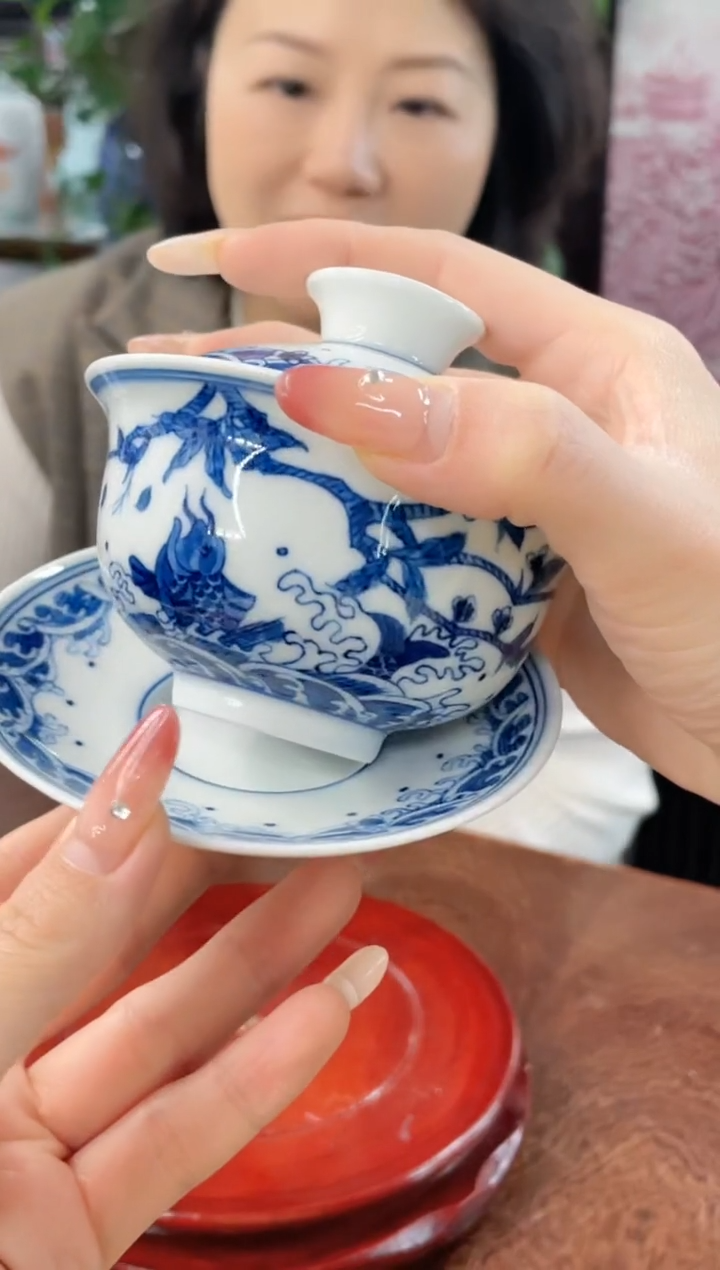 【闪购商品】031陶瓷供应链青花海水树枝纹饰三才盖碗